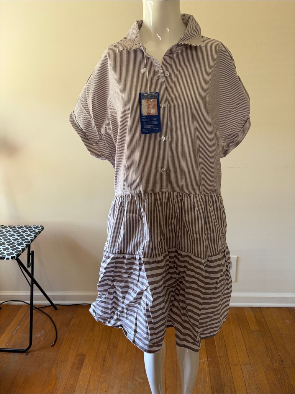 Striped Tiered Mini Dress in White & Brown